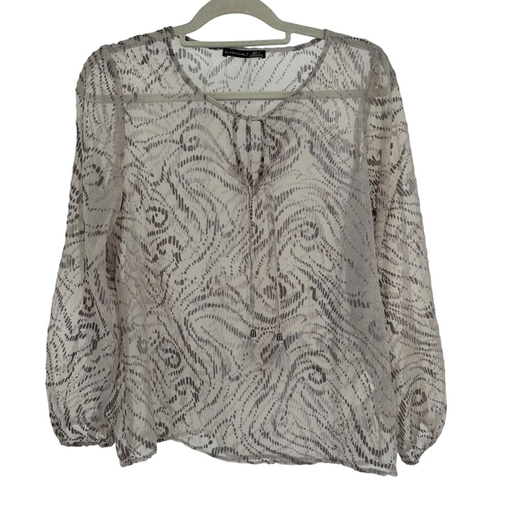NEW Black Tape_ Taupe Velvet Burnout Tasseled Blouse Sz Small